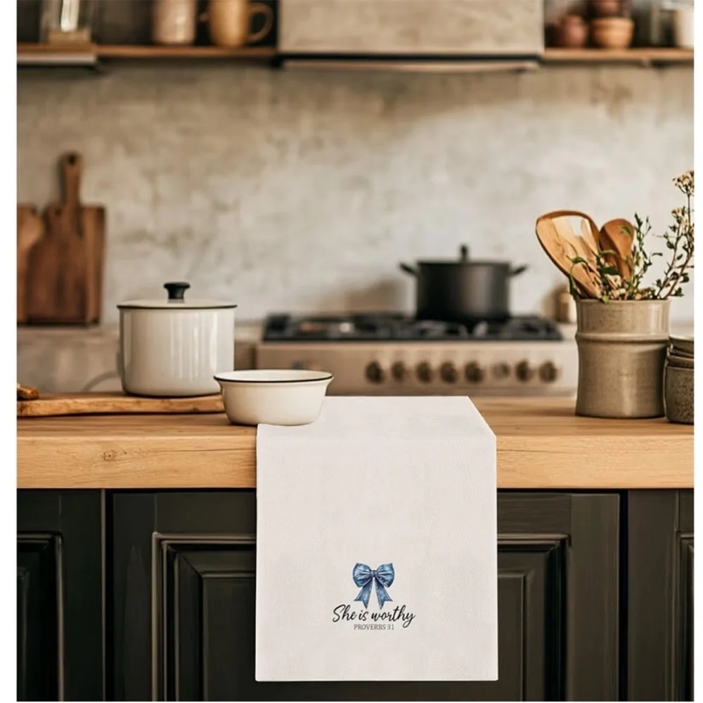 Embroidered Scripture Kitchen Towels - Blue Bow Design